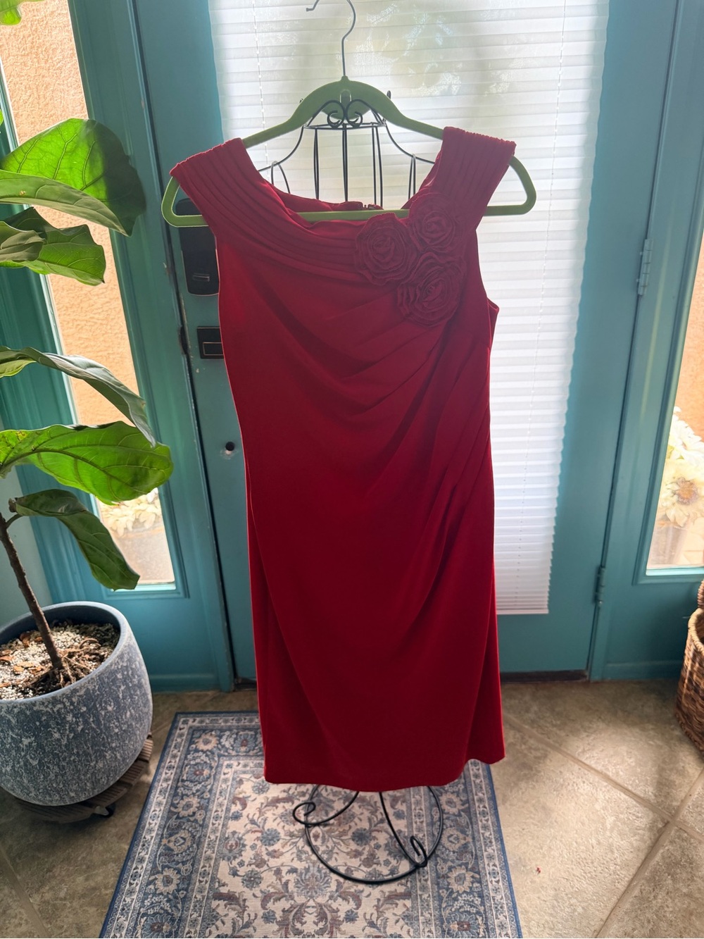 Adrianna Papell Red Sleeveless Midi Dress with Rosette Shoulder